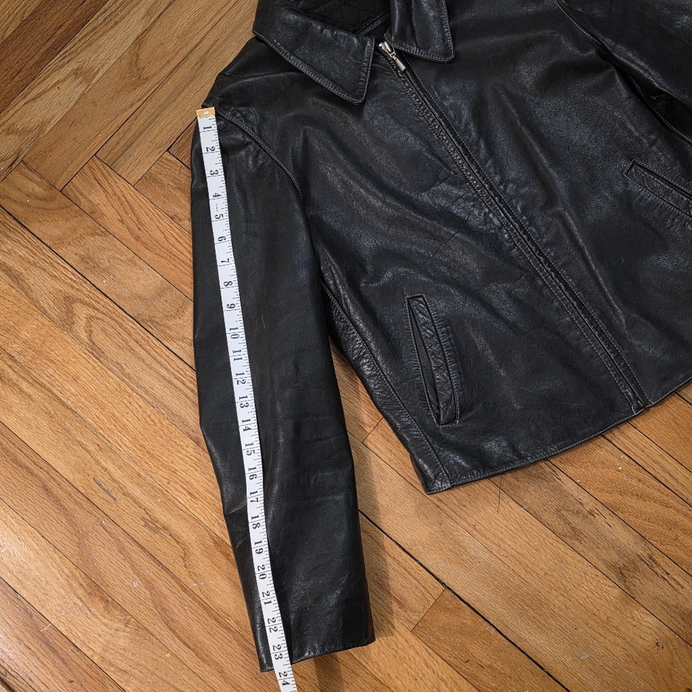 Vintage Black Leather Women's Moto Jacket-Y2K Classic Collar Metal Zips Grunge - Picture 11 of 14